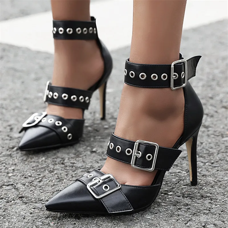 

Smirnova Size 34-48 New Artificial Leather Woman Sandals 2023 Punk Ladies Pointed Toe Shoes Thin High Heels Summer Sandals