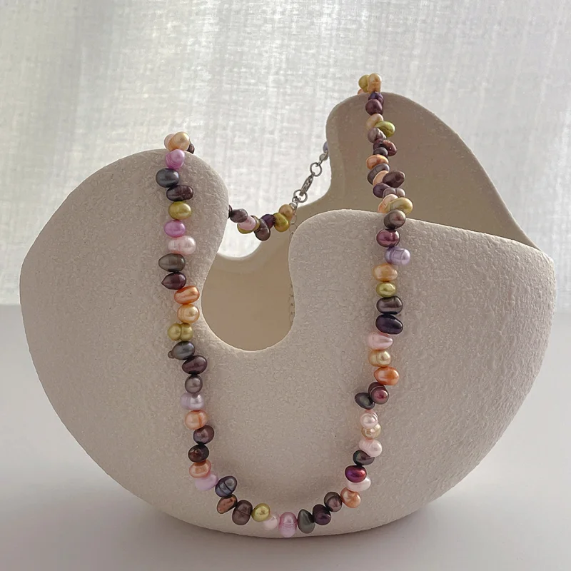

ALLNEWME Handmade Candy Color Freshwater Pearl Strand Beaded Necklaces for Women Mujer 14K Gold Plated Copper Choker Necklace