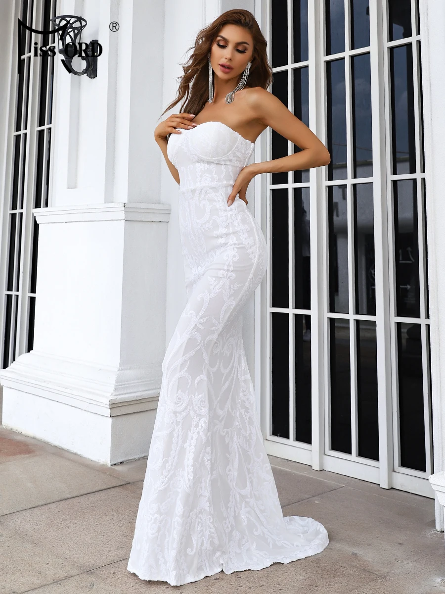 Floor Length Strapless Bodycon Prom Dress Missord White Sequin