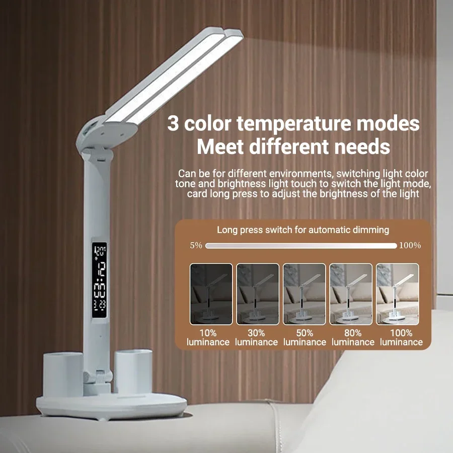 LED Table Lamp Double-Headed USB Chargeable Dimmable Desk Lamp with Calendar Clock Foldable Eye Protection Reading Night Light