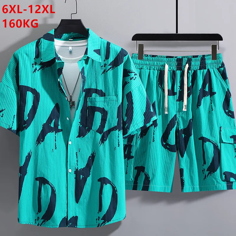 

160KG Casual Mens Summer Shirts Cargo Shorts 2 Pieces Set 11XL 10XL Pattern Turn-Down Collar Cotton Loose Plus Size 12XL Blouses