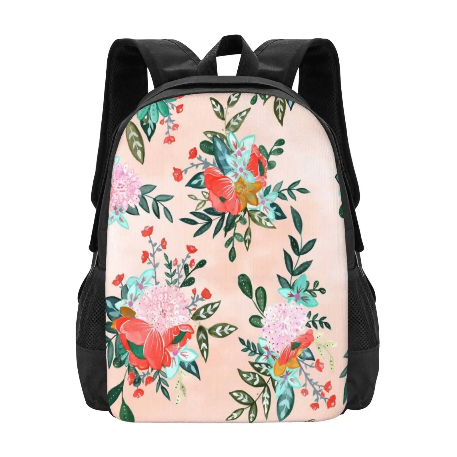 Bouquet Burst Pattern Design Laptop Travel School Bags Gouache Acquerello Modello Ripetuto Peach Pink Pastel Coral Poppy