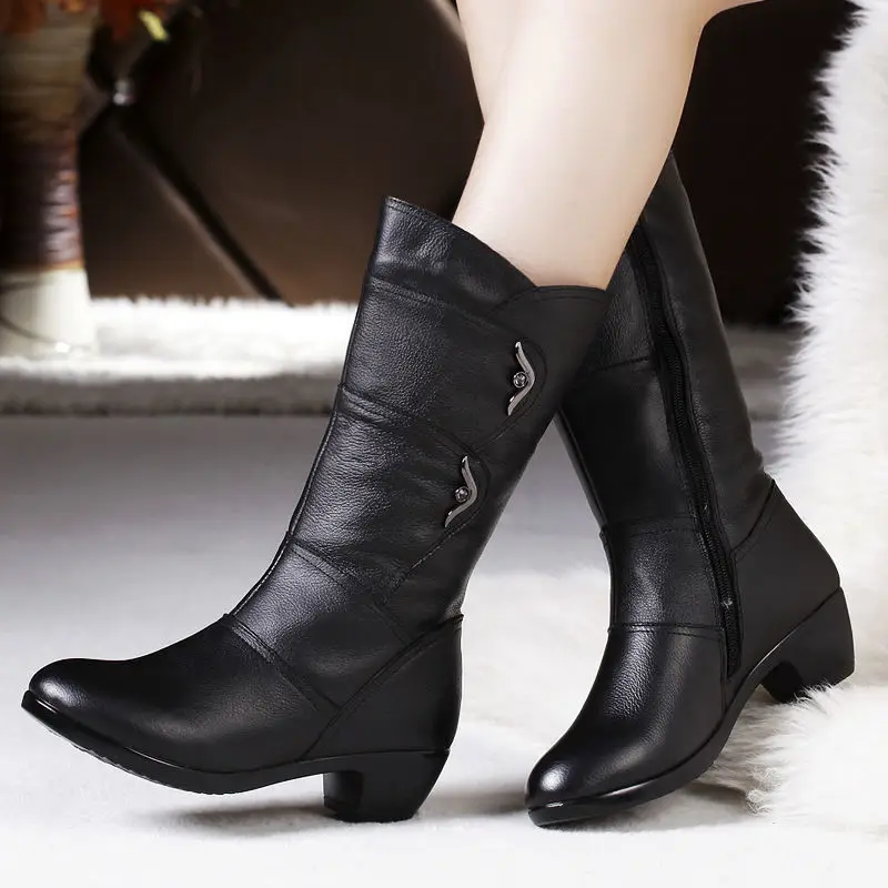 Fashion Middle Boots Winter Women's Korean Style Low Heel Solid Color Fleece Warm Plus Size Outdoor Anti-Skid Boots