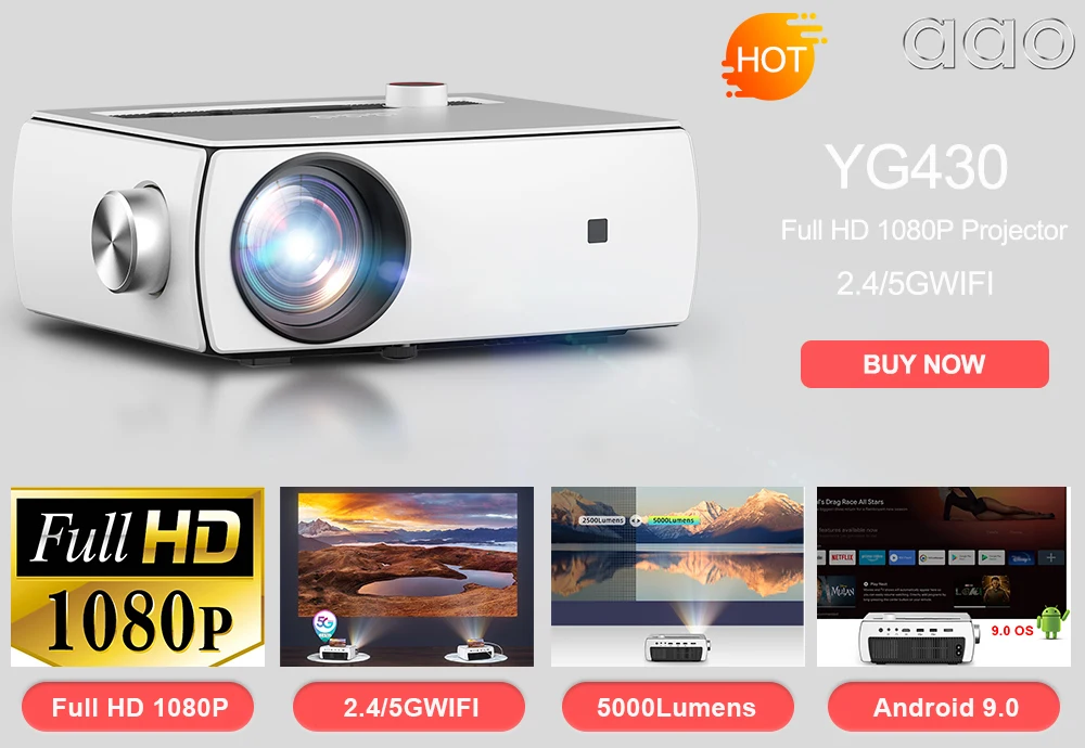 AAO 1080P Full HD Projector YG620 LED Proyector 1920x 1080P 3D Video YG650 WiFi Android Beamer Home Theater Cinema Projector