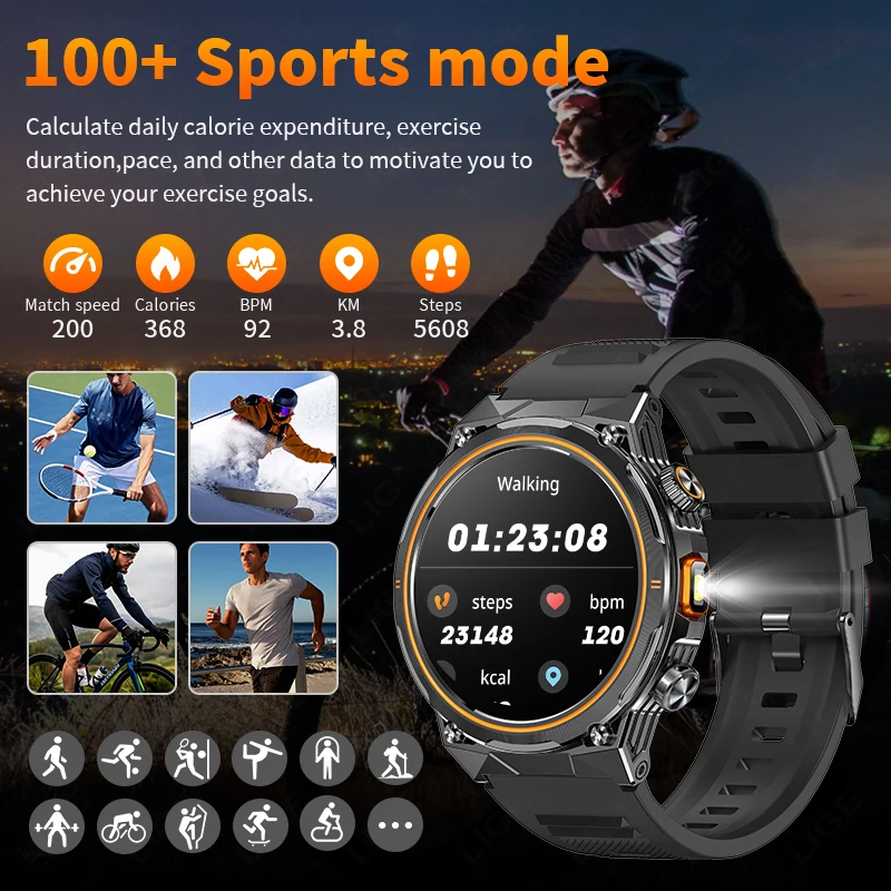 LIGE New 400mAh Battery Wireless Call Smart Watch Men Full Touch Screen Health Monitor Clock With Flashlight For IOS Android