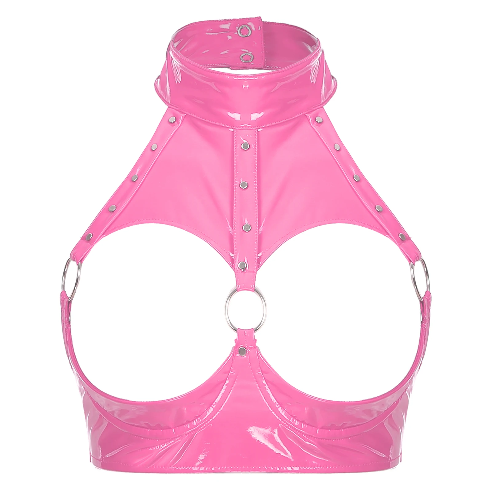 thumbnail image 1 of Lencería sexy para mujer, sujetador abierto con aros, top corto, lencería exótica, remaches, aro de sujeción, escote halter, pecho abierto, sujetadores de charol, 1 of 5