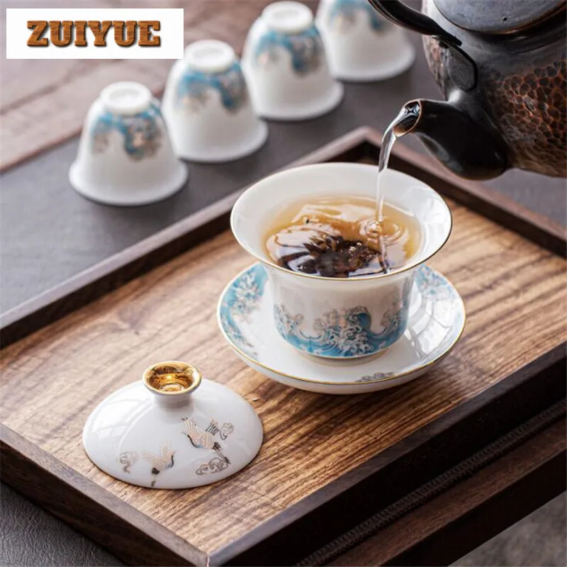 120ml White Nephire Porcelain Gaiawan Crane Wave Plated Tea Bowl Household Gaiwan Teacup Kung Fu Puer Tea Set Ceremony