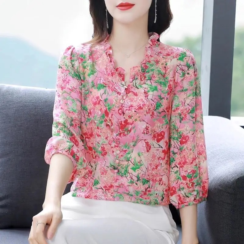 Temperament Printed V-neck with Wooden Ear Edge, Medium Sleeved Shirt for Women's Spring Button Loose Open Front Chiffon Tops new style bow pearl hairclip temperament bang edge clip hair accessories spring clip hairclip