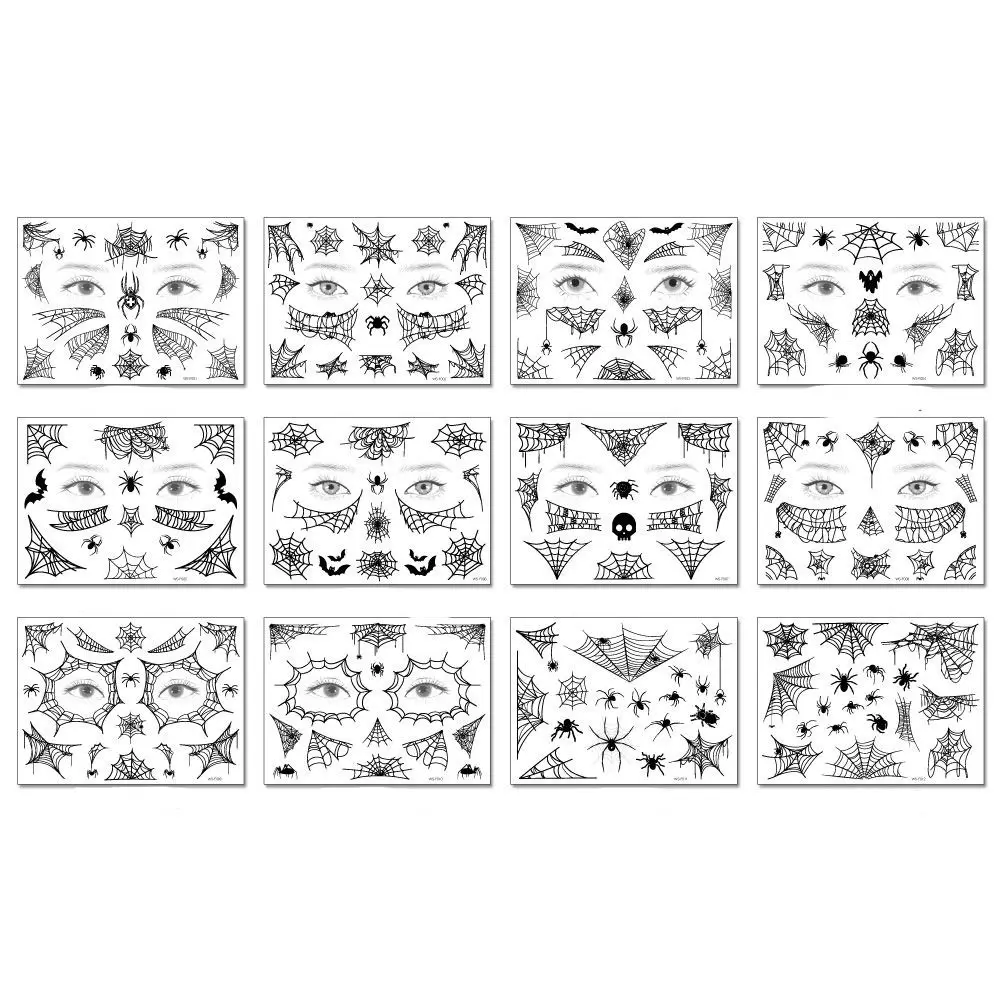 12Sheets Waterproof Spider Web Face Patch DIY Mouth Halloween Scary Tattoo Body Art Decals Cobwebs Cosplay Props Women Men