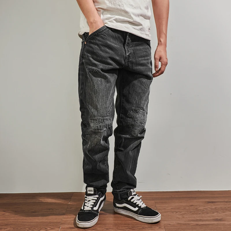 Autumn men's new retro red-eared denim high-end slim straight jeans heavy thick patch trousers