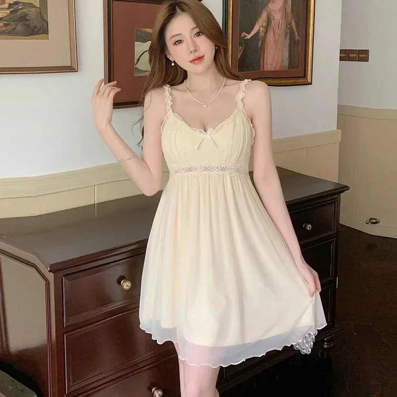 

Summer Princess Style Fashion Sling Nightdress Female Lace Sleeveless Chest Pad Pajamas Cute Sweet Girls Sexy Thin Home Clothes