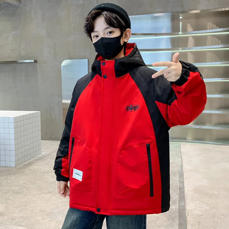 New Fall Winter Children's Boy Casual Parka Jackets Patchwork Outerwear Thermal Clothes Hooded Teen Boys Korean Parka Coat 5-14T