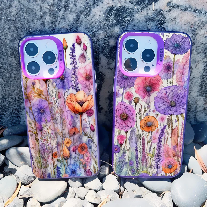 Modische wunderschöne lila Blumen-Handyhülle für iPhone 16 14 Pro Max Plus 15 11 13 12 Mini Pro Max Floral stoßfeste Laserabdeckungen