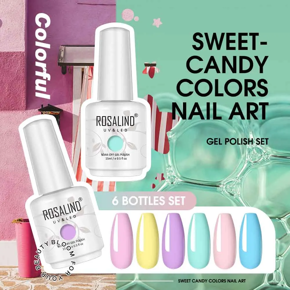 ROSALIND 15ML Gel Set 2/6PCS Nail Polish Set Semi Permanent Brights Colors Soak Off UV Gel Base Top Coat Nail Art Decoration 5