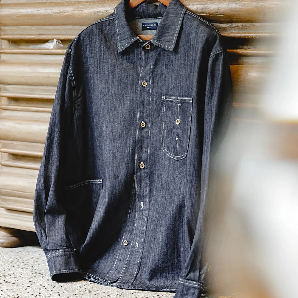 Maden Vintage Washed Denim Long-sleeved Shirt with Large Pocket Single-breasted Loose Lapel Blouses for Men's Autumn Tops 2