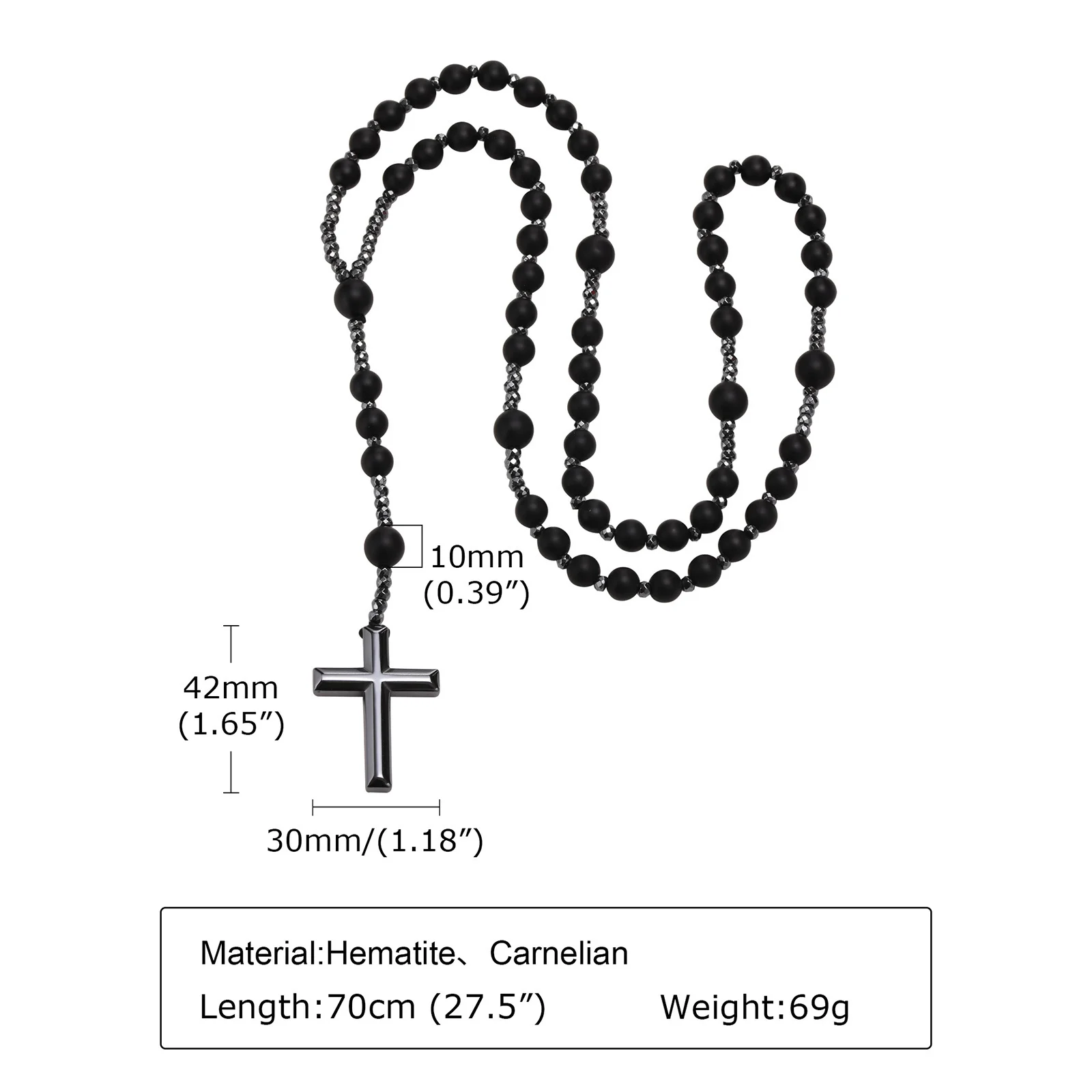 Schwarz Perlen Kreuz Rosenkranz Halsketten für Männer, Männlichen Power Balance Hämatit Kette Halskette, Religiöse Glauben Gebet Schmuck – Detail 5