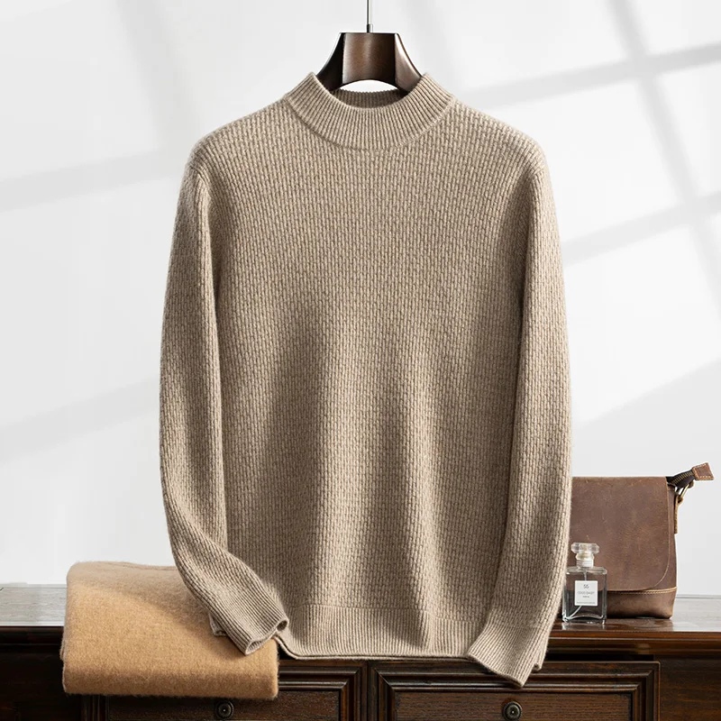 New (100% cashmere sweater) seven needle thick men's casual corn kernels versatile temperament semi high neck sweater 4