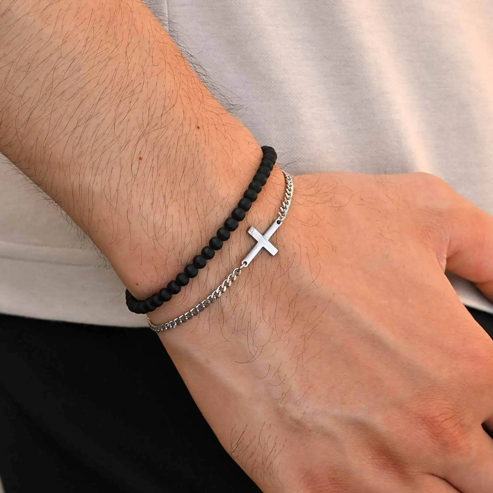 2pcs/set Cross Chain Bracelet for Men,Casual Black Natural Stone Beaded Adjustable Wristband,Jewelry Gift for Husband Dad BBF