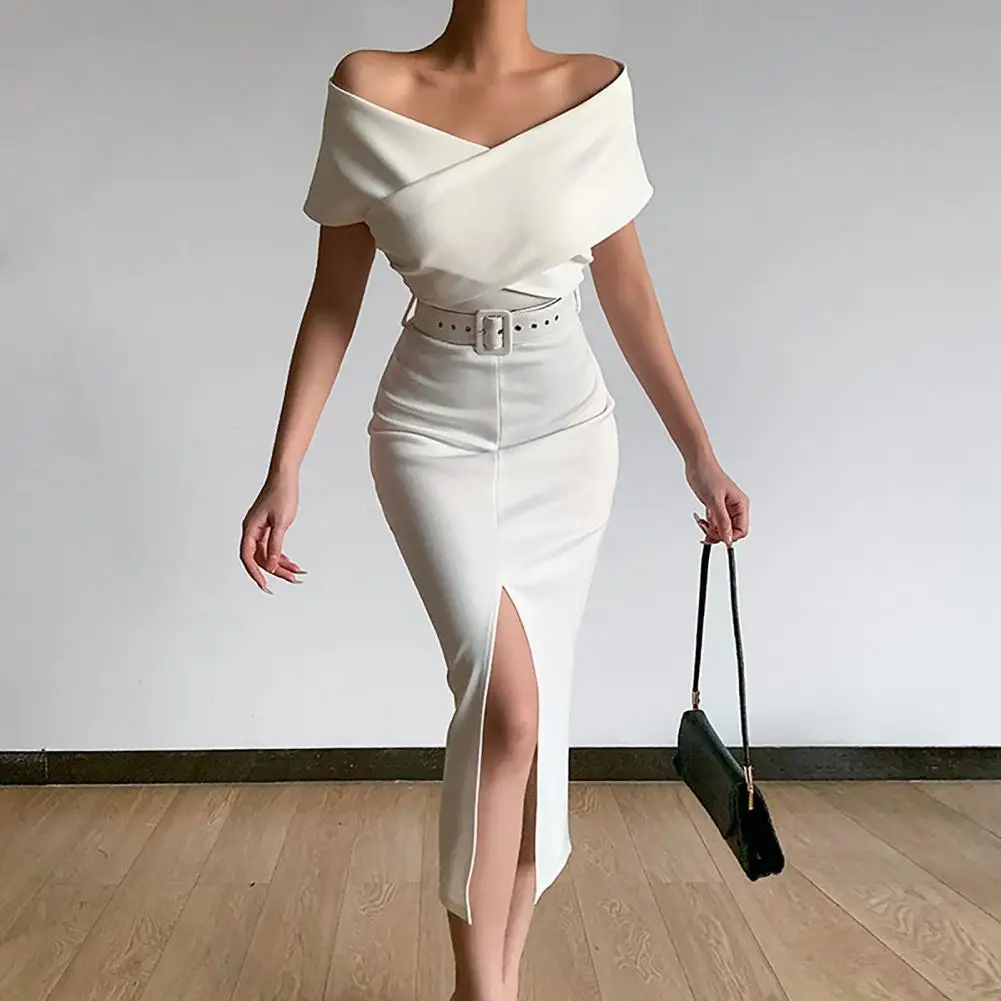 

Women Dress Elegant Off Shoulder Front Split Bodycon Dress Short Sleeve Belt Hip Wrap Solid Color Evening Party Dress Vestidos