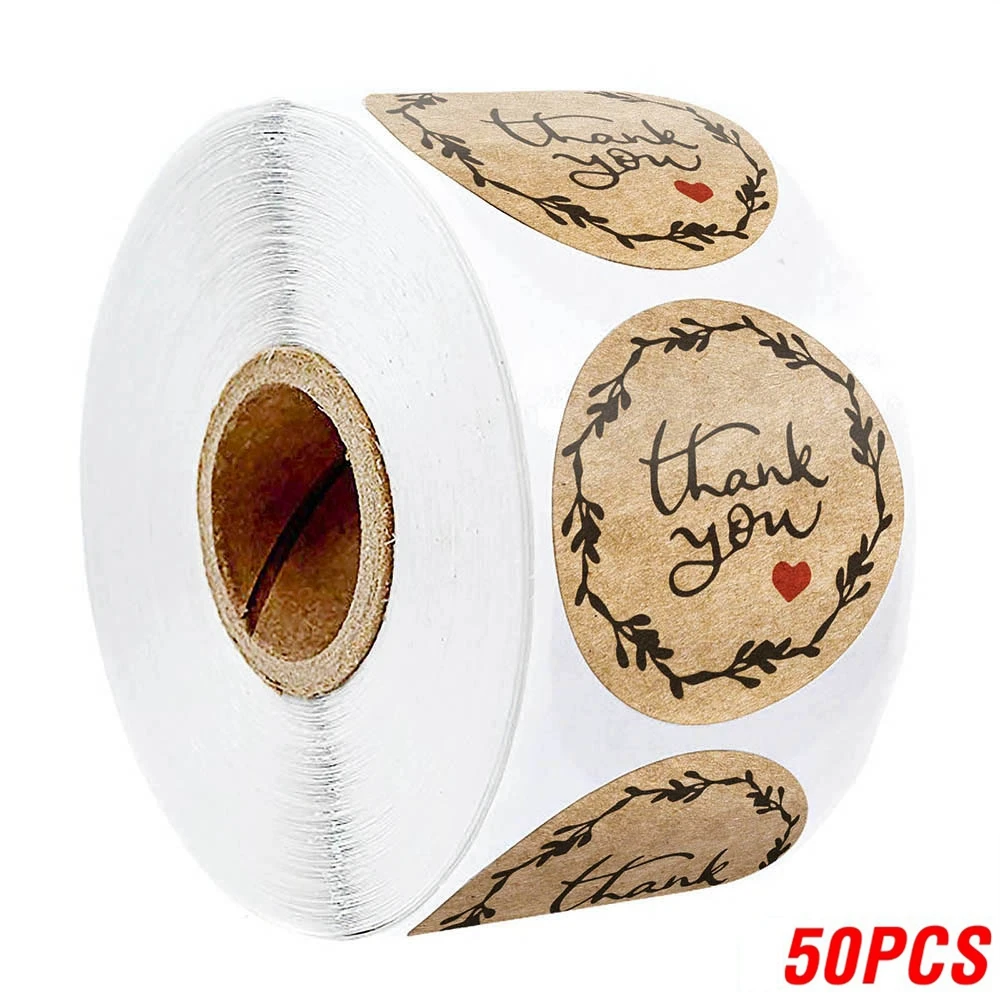 1in Natural Kraft thank you Stickers Heart shape seal labels 50-500pcs stickers scrapbooking for Package stationery sticker 