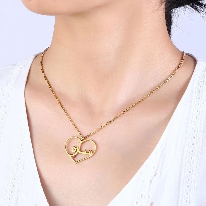 

Personalized Arabic Name Custom Necklaces for Women Men Gold Color Heart Stainless Steel Chain Pendant Necklace Jewelry Gift