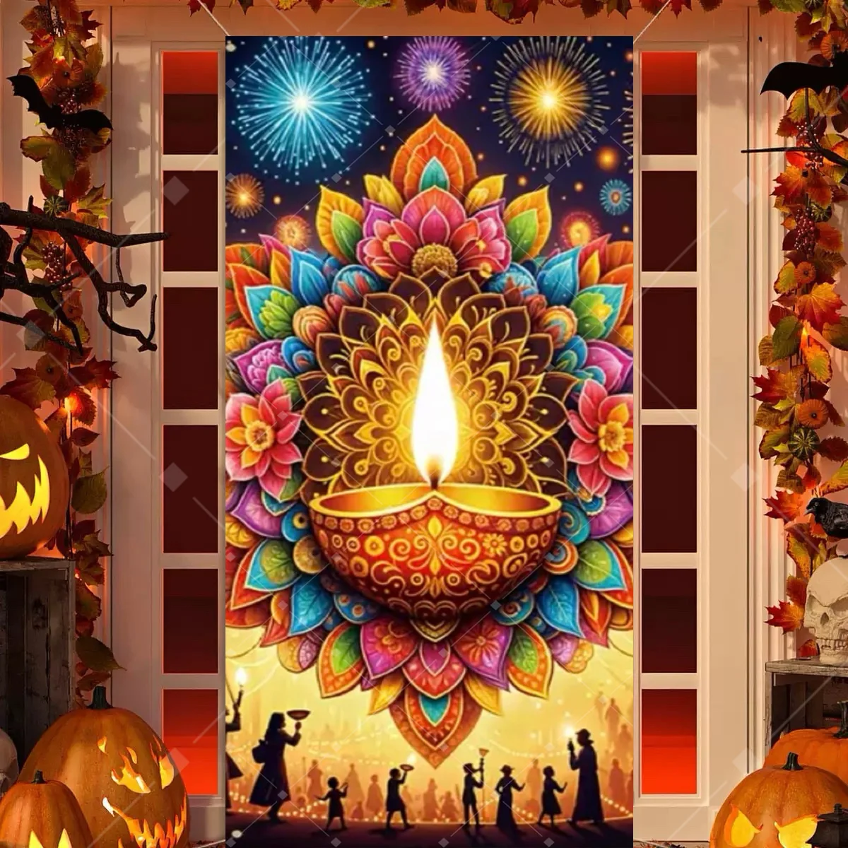 Diwali Dekoration Party Hintergrund Indische Diwali Pfau Kerze Party Supplies Tür Dekoration Festival Tür Abdeckung Hintergrund – Detail 5