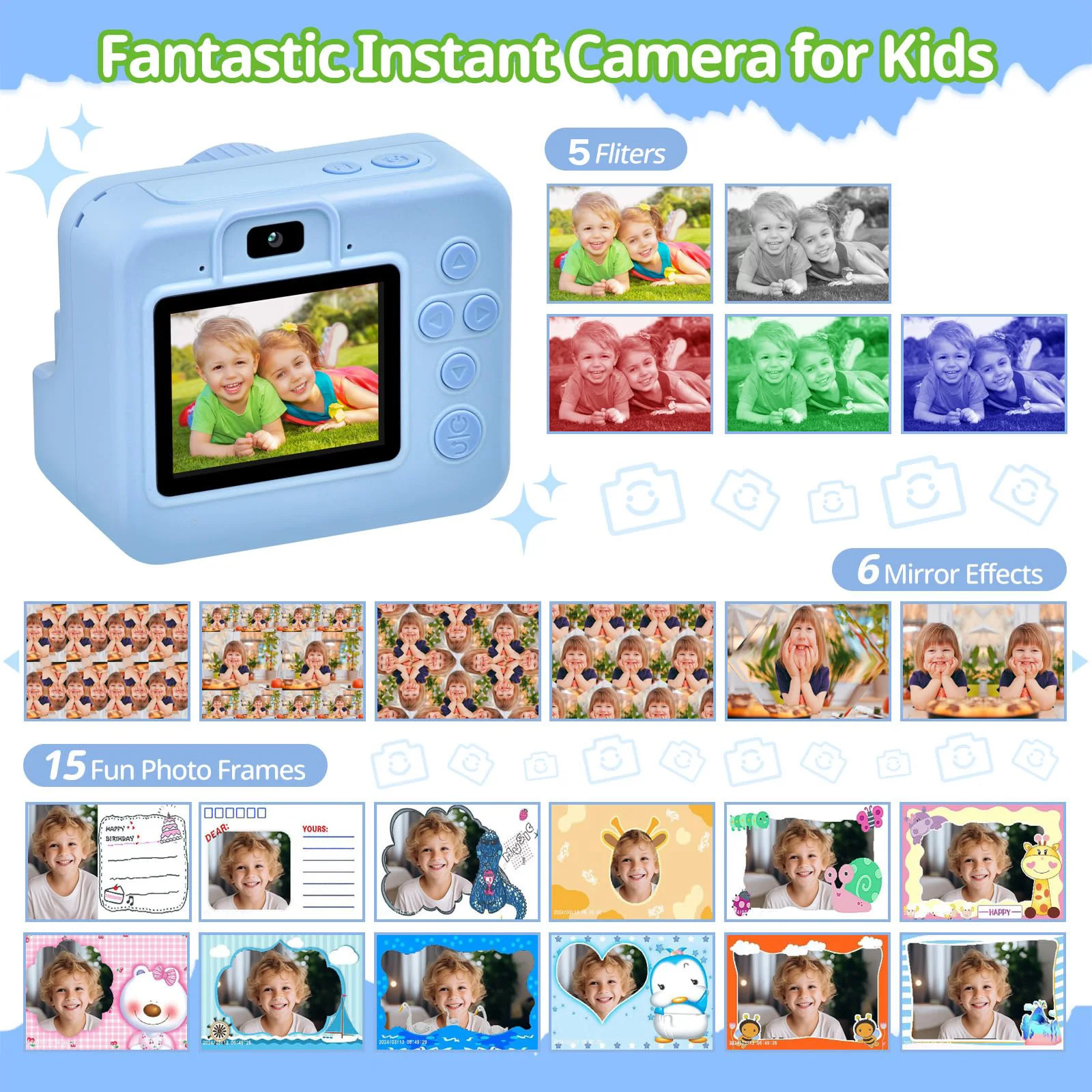Kids Instant Print Camera Digital Camera Toddler Toys 1080P 2.4 Inch Camera Thermal Printing Photo Video Games Boys Girls Gifts