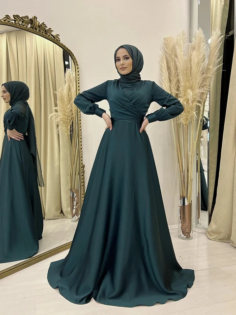 Arabic Muslim Evening Dresses Long Sleeves Appliques Flowers Beading  Evening Gowns A-line Tulle Form on Luulla