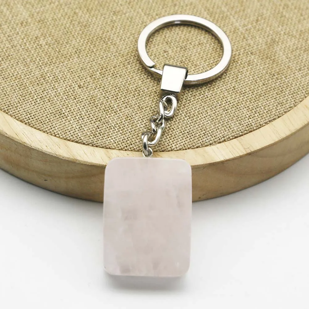 Rose Quartz Natural Gem Stone Quadrate Keyring Friend Key Ring Chain Accessories Women Men Love Keychain Jewelry Gift Lady Charm