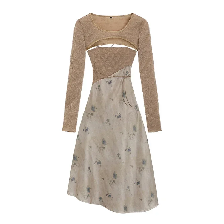 

Chinese Style Women's Ink Blooming Floral Slip Dress Long Two-Piece Blouse Suit