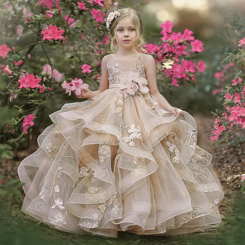 

Champagne Flower Girl Dresses Tulle Tiered Petal With Flower Ribbon Sleeveless For Wedding Birthday Party Banquet Princess Gown