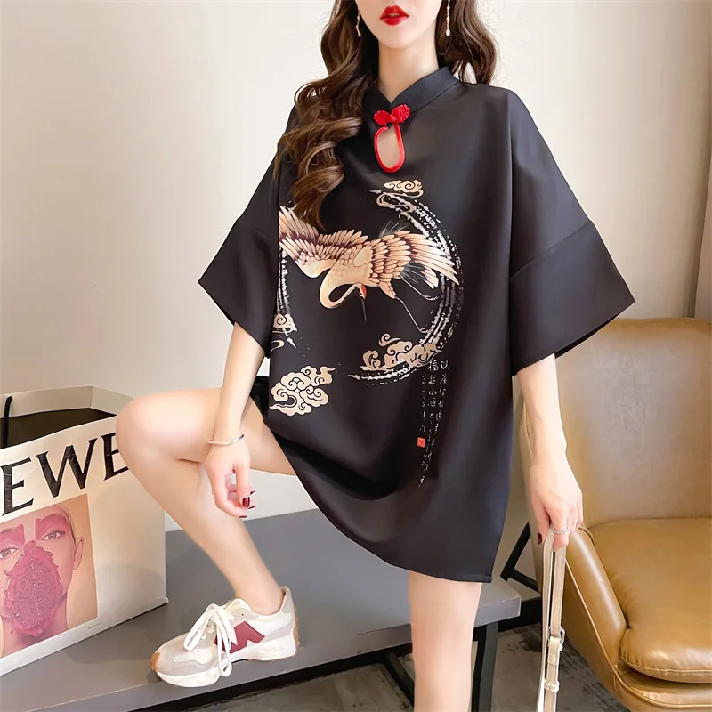 

2023 New Summer Women Chinese Vintage Style Top Dresses Female Cheongsam Loose Oversize Live Shot T-Shirt