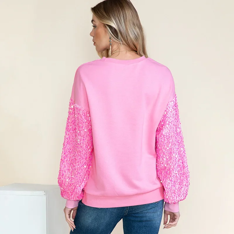 2024 New Women's Sequin Patchwork Pullover Long Sleeved Simple Versatile Colorful Sweatshirts O Neck Casual Tops NASY0002