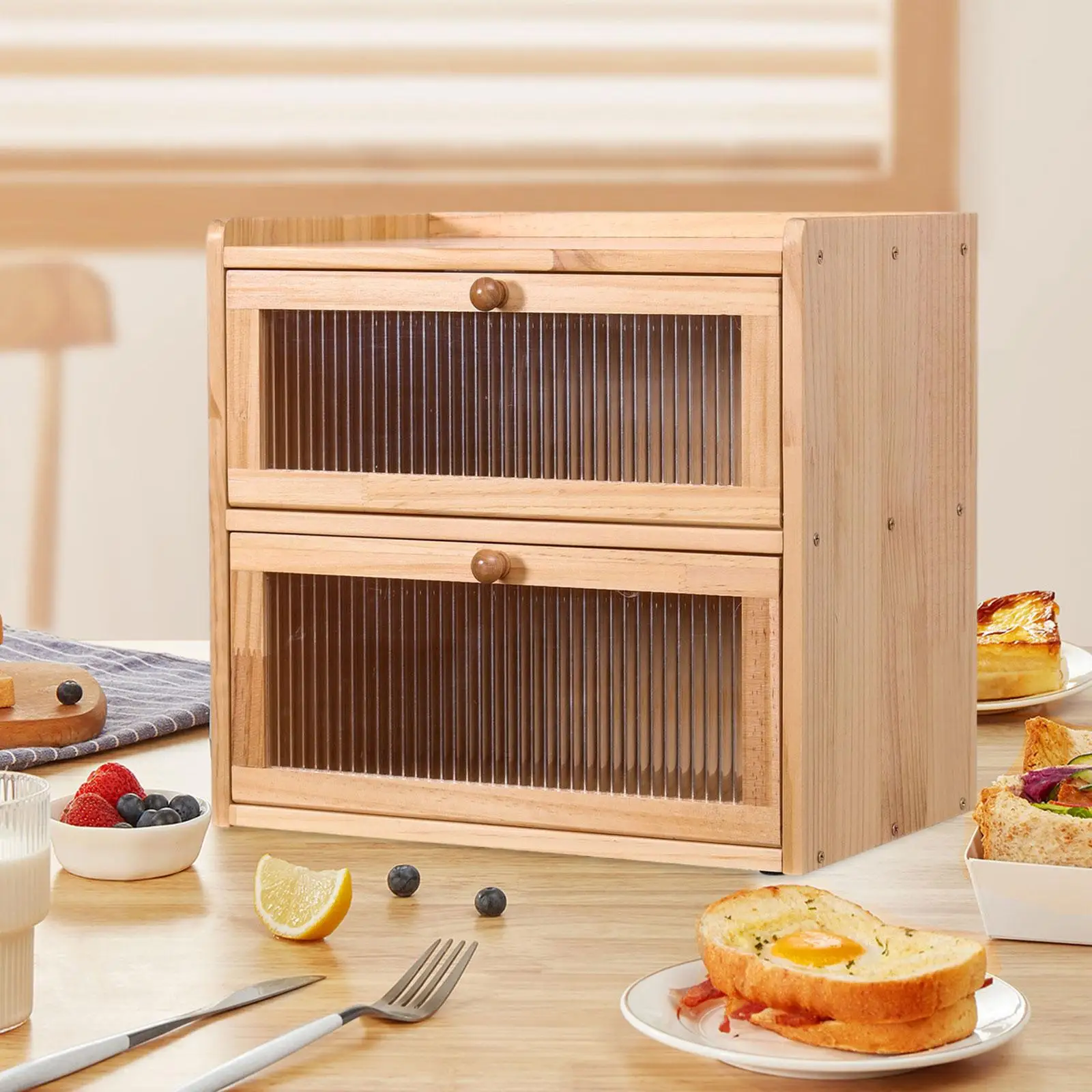 Bread Box for Kitchen Countertop 2 Layer Unique Gift with Flip Lid Wooden Storage Container Bread Holder Farmhouse Breadbox