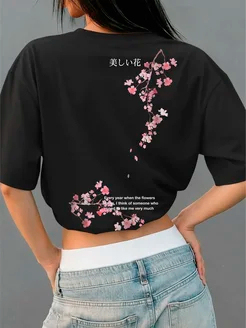 Beautiful Sakura Branches Prints T-Shirts Womens Cotton Summer Short Sleeve T Shirt Basic O-Neck Oversized Tops Street Soft Tees