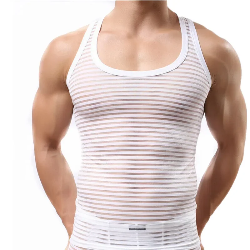 Mens Undershirts Sleeveless T-shirts Tank Tops Sportswear Vest See Through Striped Transparent men underwear