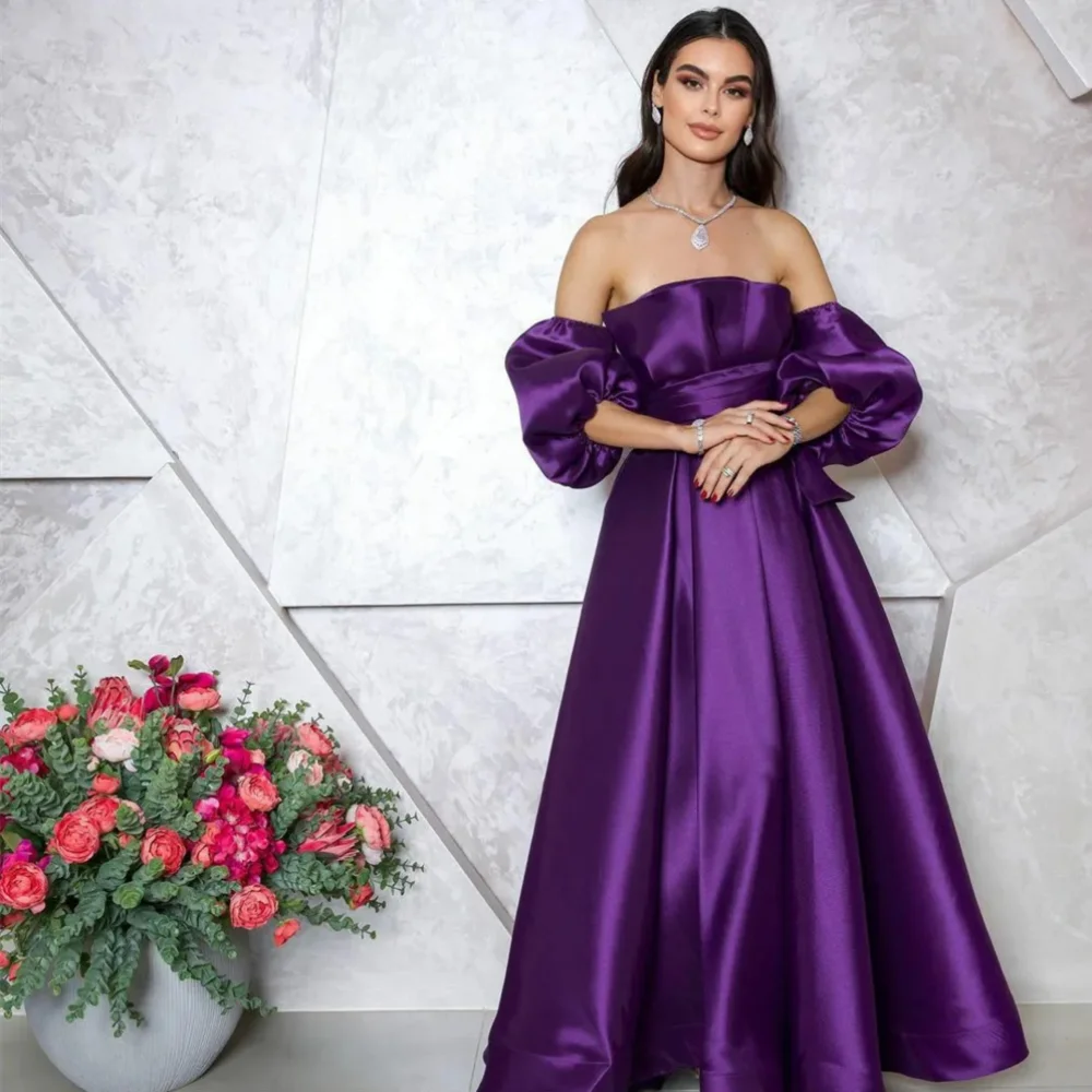 

Vintage Long Off the Shoulder Satin Evening Dresses Half Sleeves A Line Floor Length Robe De Soiree Femmes