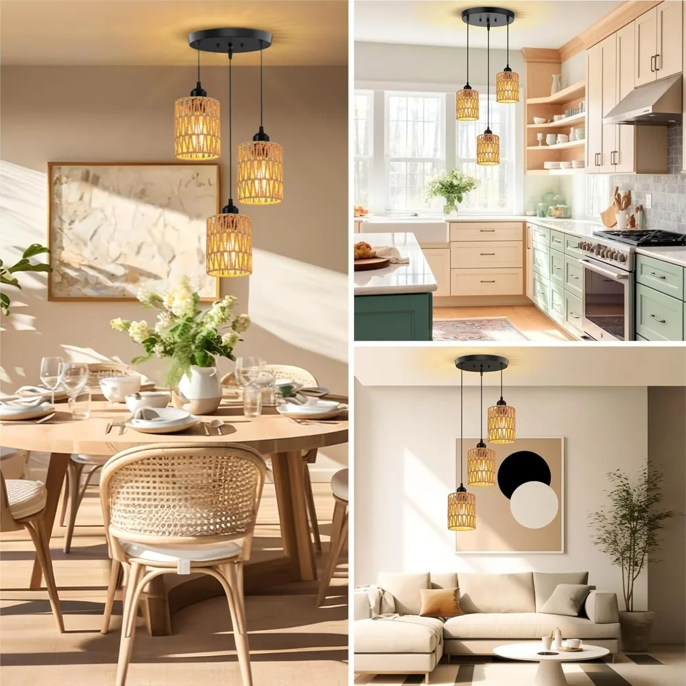 3-flammige Rattan-Pendelleuchte, Bauernhaus-Boho-Hängeleuchte mit Korbschirmen für Esszimmer, Kücheninsel, Schlafzimmer – Detail 7