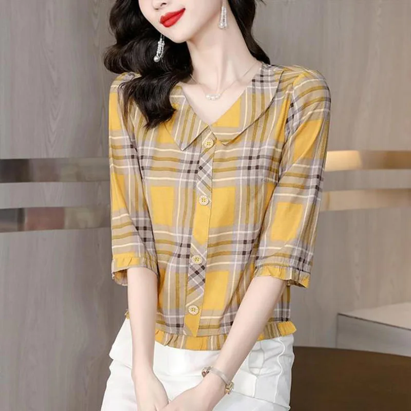 Fashion Peter Pan Collar Spliced Ruffles Plaid Blouse Women's Clothing 2024 Summer New Oversized Casual Tops office lady Shirt