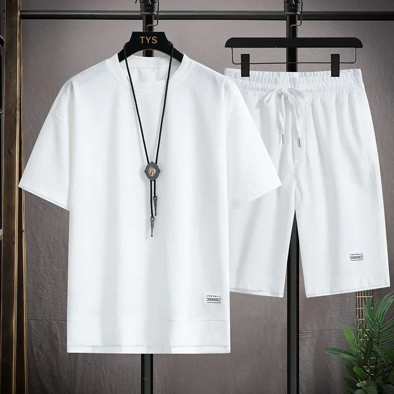 2024 new summer Waffle collar short-sleeved men's tracksuit + T-shirt shorts 2-piece solid color casual style streetwear