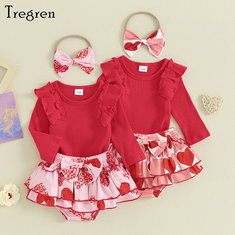 

Tregren 0-18M Infant Girl Valentine's Day Clothes Sets Solid Ribbed Long Sleeve Romper with Heart Print Shorts and Bow Headband