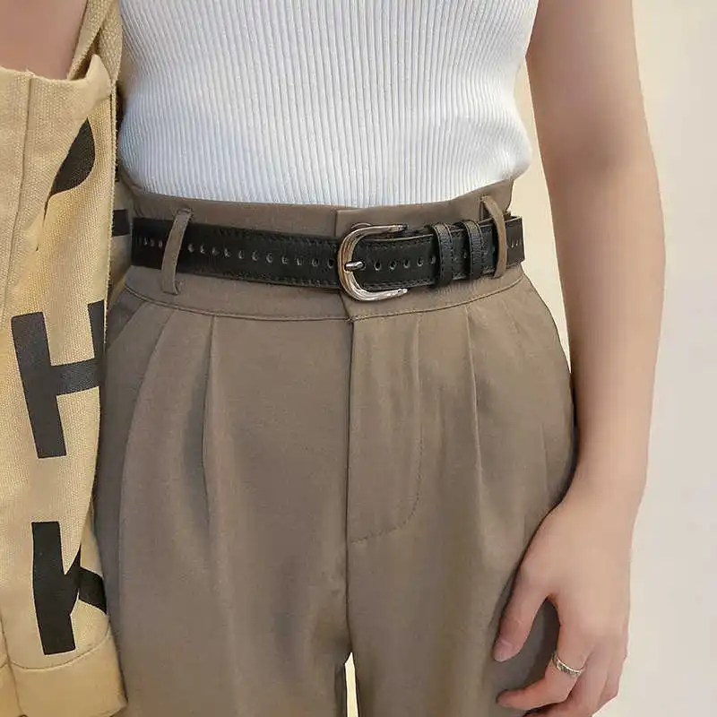 Women's Korean-style Fashionable Simple Retro Decorative Denim Jeans Belt Black Student Hole-free Ins-style Leather Belt