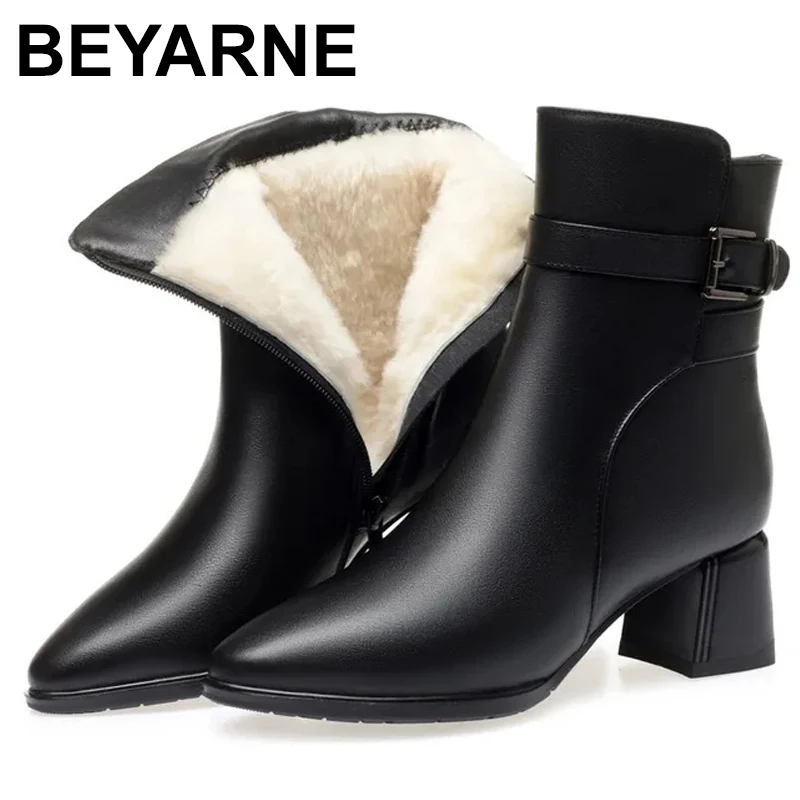 

Women's Fashion Boots High Heels 2024 New Pointed Toe 100% Genuine Leather Ankle Boots Women Warm Fur Dress Boots Women