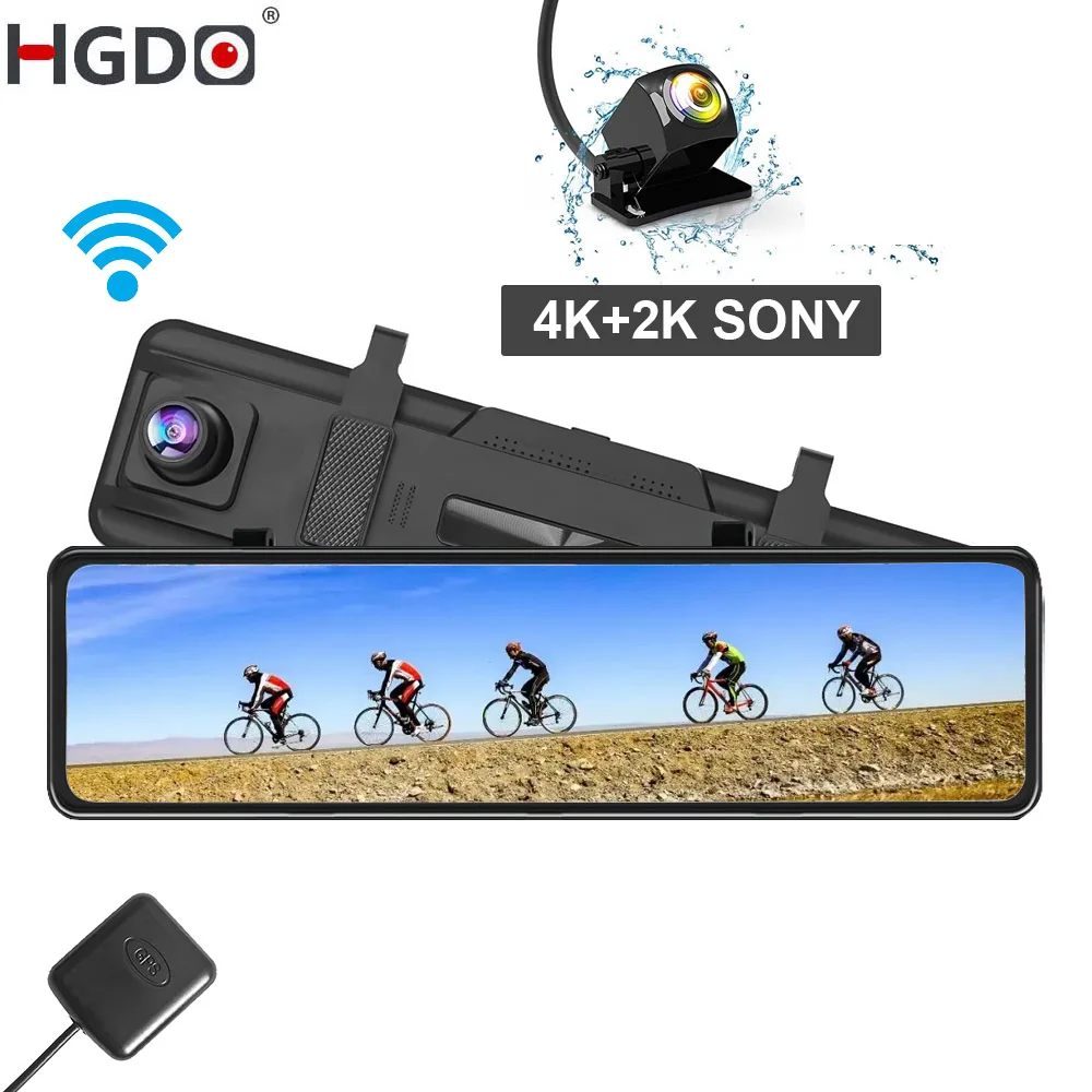 HGDO SONY 4K&2K Dash Cam 3 in 1 GPS WIFI AI Voice Control Video Recorder Car DVR Front and Rear View Mirror Camera 24H Monitor
