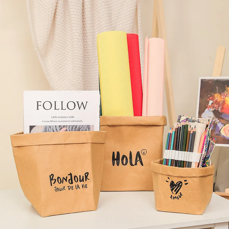 6 pieces Washed kraft paper bags desktop organizer student dormitory refrigerator kitchen storage bag 4