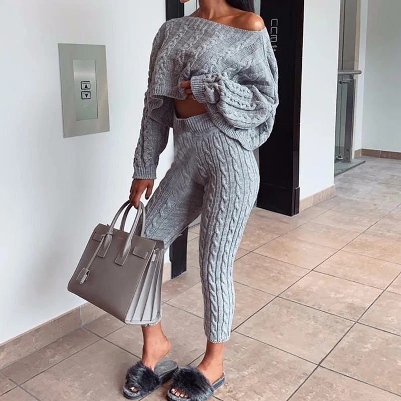 Ladies Fashion Winter and Autumn 2-piece Suit Long-sleeved Loose Round Neck Cross-knit Sweater and High-waist Pencil Pants Suit