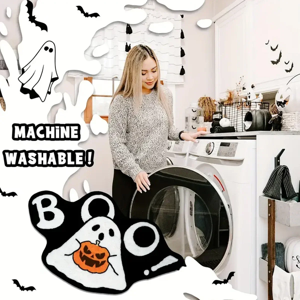 VIKAMA Ghost Halloween-Teppich, weich, rutschfest, waschbar, für den Eingangsbereich, Gothic-Heim, Halloween-Dekoration, Badezimmerteppich, Heimdekoration – Detail 4