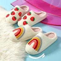 Winter Indoor Warm Slippers For Women Men Plush Non-slip Floor Slides Couple Fluffy Soft Flip Flops Adults Lovely Rainbow Shoes 1