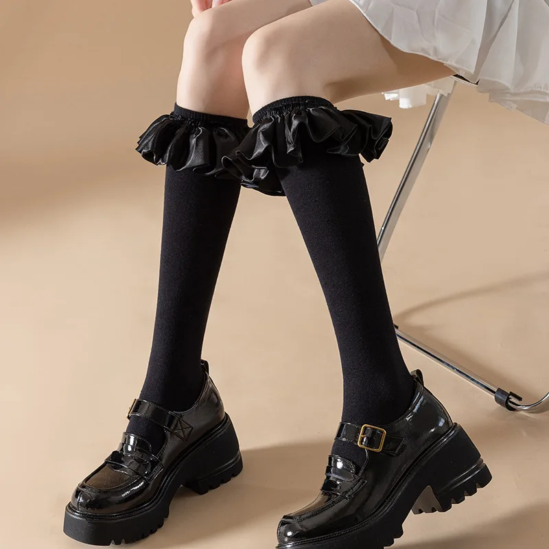 White Lolita Satin Lace Calf Girl Autumn and Winter Japanese Cute Soft Girl French Bubble High Stockings Black White