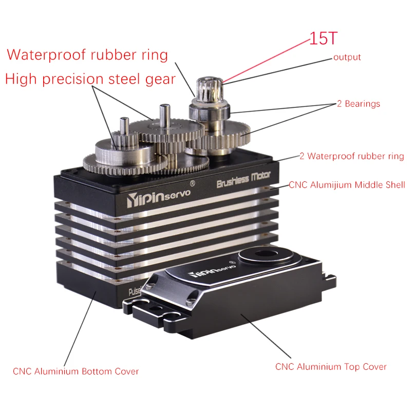 Servo RC étanche 180° avec connectique et bras métal 15T pour robots